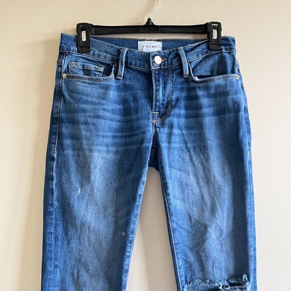 Frame Le Garcon Straight Leg Jeans In Eaton Blue Womens Size 24 Distressed Ankle - Picture 2 of 7